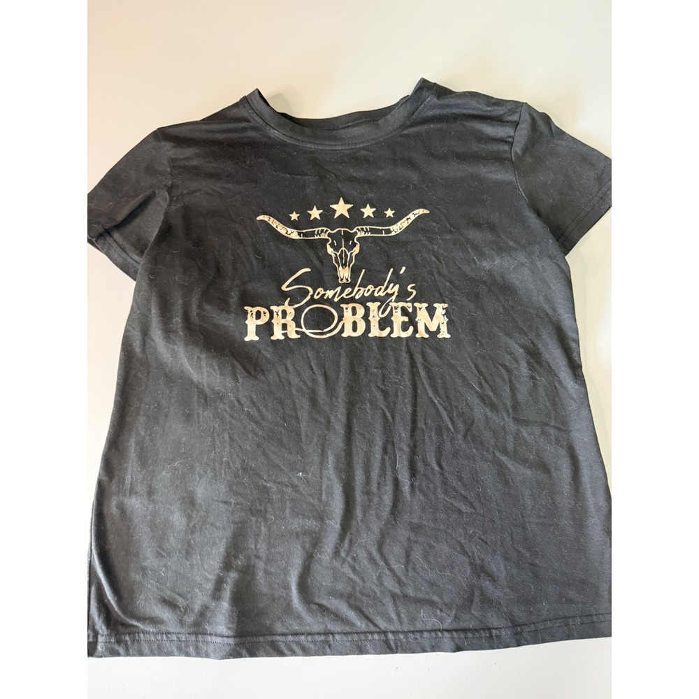 SHEIN Womens Somebody's Problem Graphic Tee Black Western Longhorn Skull Large